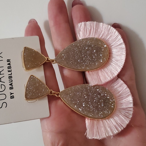 SUGARFIX  BaubleBar gray druzy teardrop pierced earrings with pink fringe - Picture 4 of 6
